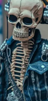 Skeleton wearing headphones and denim jacket