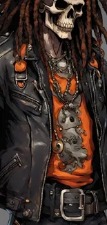 Bold wallpaper with a skeleton in a leather jacket and orange shirt.