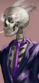 Digital art of a skeleton in a purple suit, smoking, with a gothic aesthetic.