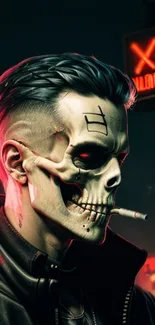 Neon-lit skull with a cigarette in a dark, stylish theme.