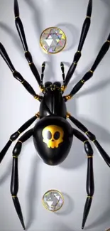 Black spider with skull motif on wallpaper.