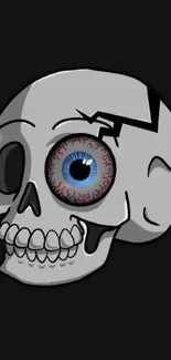 Stylized skull with blue eye on dark background.