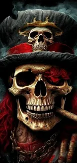 Stylish skull with red roses and hat, edgy mobile wallpaper.