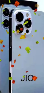 Silver smartphone with colorful confetti falling.