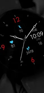 Sleek smartwatch displaying time and metrics with vivid digital elements.