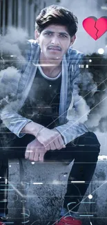 Stylish person surrounded by smoke with digital effects and a broken heart icon.