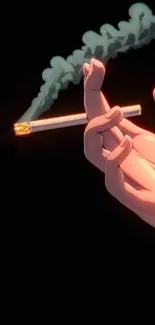 Hand holding a smoking cigarette in anime style on a black background.