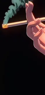 Anime hand holding cigarette art on dark background.