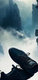 Stylish sneakers set against misty mountain backdrop with dramatic cliffs.