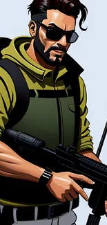 Illustration of a stylish soldier with sunglasses and a tactical backpack.