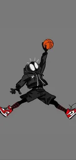 Spider character in urban streetwear holding a basketball on a gray background.