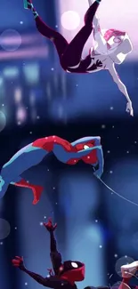 Animated Spider Trio in action, swinging above a city skyline.