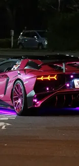 Vibrant purple sports car with neon lights on a city street at night.