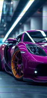 Sleek sports car in a vivid urban setting with magenta hues.