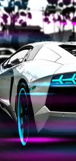 Sleek white sports car with neon accents and a stylish design, perfect for mobile wallpaper.