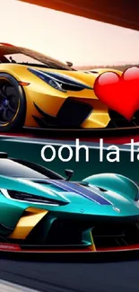 Yellow and teal sports cars on a racetrack with 'ooh la la' text overlay.