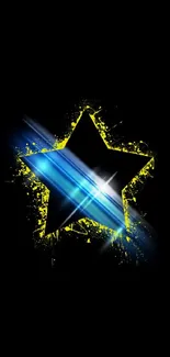 Vibrant blue star on black background with yellow accents.