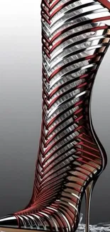 Intricate stiletto design with modern elegance in red and silver tones.