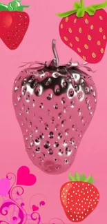 Metallic strawberry on a pink background with artistic elements.