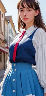 Stylish woman in blue skirt on a sunny street.