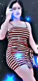 Person in a striped dress with a starry background.