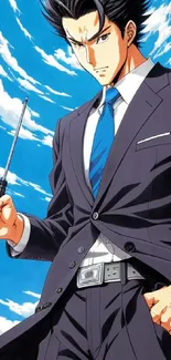 Anime character in a sleek suit with a blue sky background.