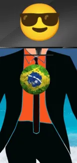 Artistic wallpaper with an emoji in a suit and Brazil flag on a beach.