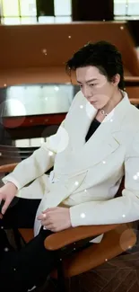 Elegant person in white suit sitting stylishly in a modern interior.