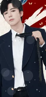 Fashionable person in suit, artistic Asian design background.