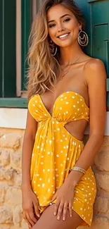 Woman in yellow polka dot summer dress by a window.