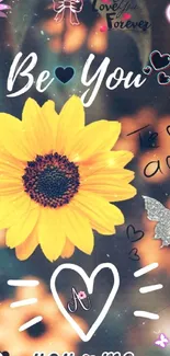 Sunflower with love-themed doodles and vibrant accents for mobile wallpaper.