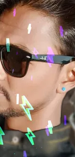 A stylish man in sunglasses surrounded by colorful lightning bolts.