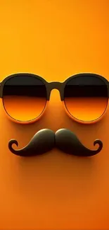 Stylish sunglasses and moustache on vibrant orange background.