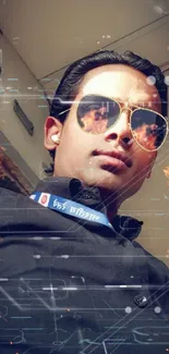 Man wearing sunglasses with flames reflection and fiery border.