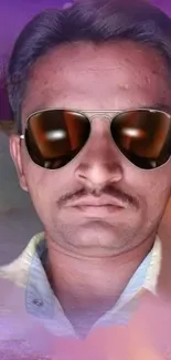 Man wearing sunglasses with purple background.