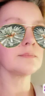 Person wearing sunglasses with frosty pine reflection in lenses.