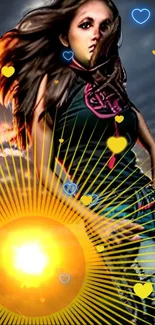 Stylish woman with vibrant sunburst and heart symbols in sunset background.