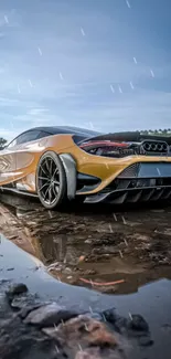 A sleek supercar with a water reflection against a blue sky.