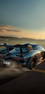 A sleek supercar speeding down an open road at sunset, showcasing dynamic elegance.