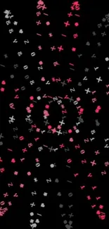 Black wallpaper with vibrant pink symbols forming a dynamic pattern.