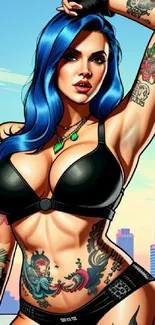 Tattooed woman with blue hair against city backdrop.