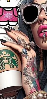 Vibrant tattoo art wallpaper with fashion accessories and a coffee cup theme.