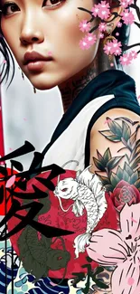 Vibrant wallpaper featuring tattoos, cherry blossoms, and koi fish in vivid colors.