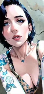 Digital artwork of tattooed woman with vibrant colors.