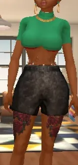 Avatar with tattoos in a modern room.