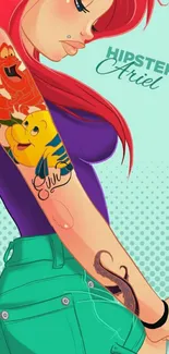 Tattooed mermaid with red hair in hipster style on a vibrant wallpaper.