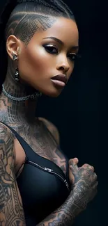 Portrait of a stylish tattooed model with intricate body art.