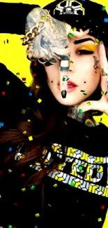 Tattooed model in streetwear with bold yellow background.