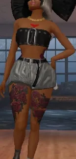 Fashionable woman with tattoos in a stylish outfit.