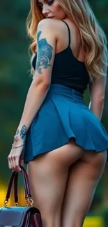 Tattooed woman in stylish urban outfit.